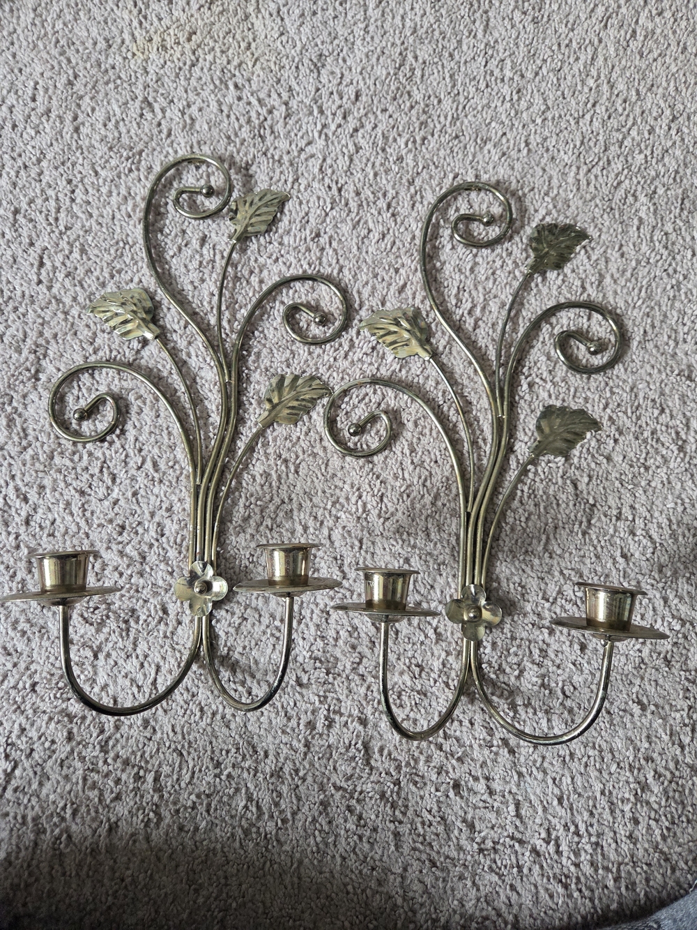 Vintage Brass Wall Sconce Tapered Candle Holder Scroll Leaves Set 2